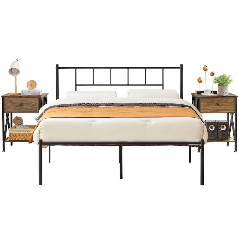 VECELO 3-Pieces Bed Frame with Wood Headboard and Modern Nightstands Set of 2