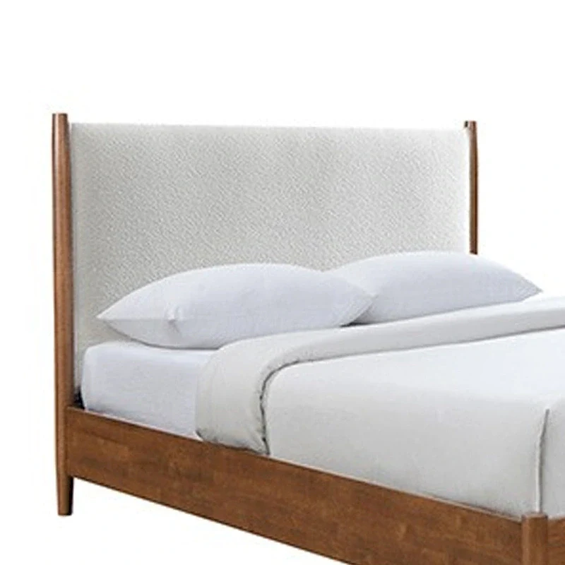 Carry Queen Bed, Beige Boucle Upholstered Headboard Walnut Brown Solid Wood