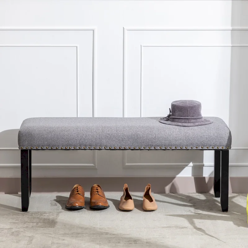 Modern 44 L Nailhead Trim Upholstered Bench with Wood Legs