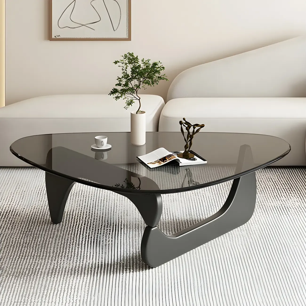 Modern Triangle Glass Coffee Table Wooden Base