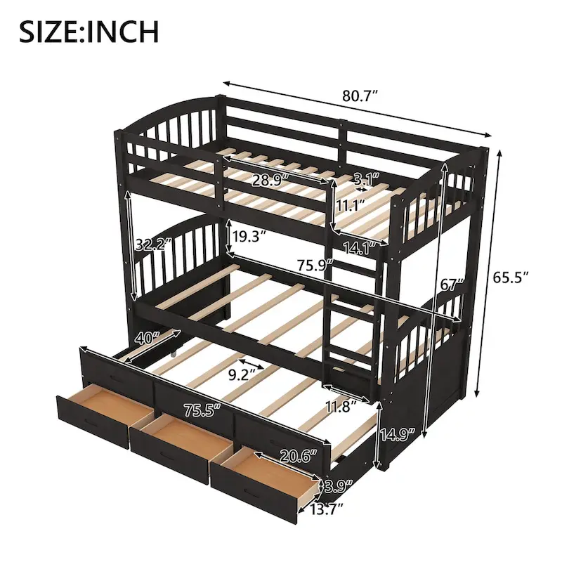 Wood Bunk Bed with Trundle and Drawers