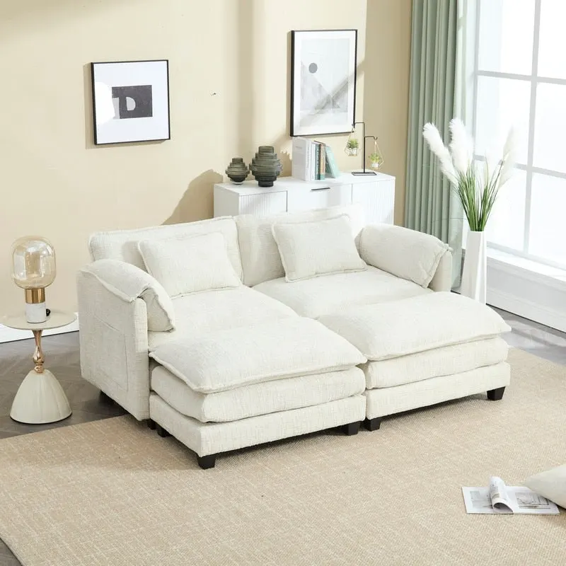 76.77 Chenille Upholstered Sofa with 2 Ottomans