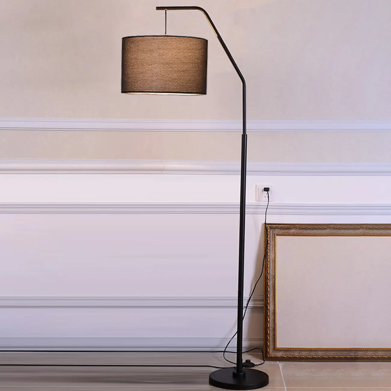 Black Traditional Floor Lamp with White Pleated Fabric Shade