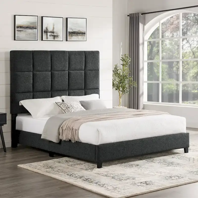 Tall Granite Dark Grey Square Headboard Upholstered Platform Bed, Modern Bedroom Furniture