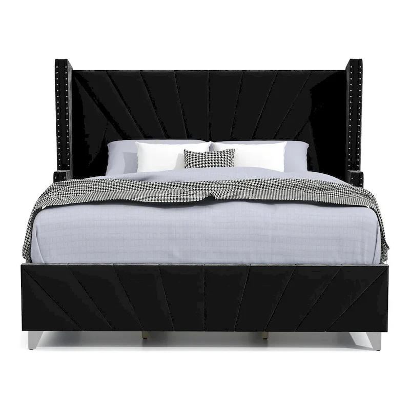 Ambrosia Glam Black Fabric Upholstered Nailhead 5-Piece Panel Bedroom Set by Furniture of America