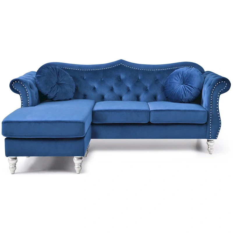 81 in. Velvet Chesterfield Sectional Sofa with 2-Throw Pillow - 81L x 35W x 34H