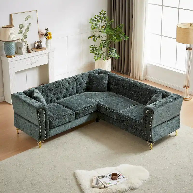 Green 81.5 Chenille L-Shaped 5-Seat Sofa