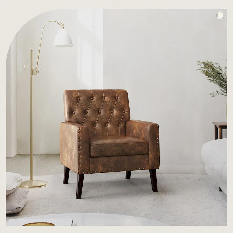 Linen and Walnut Legs Mid Century Modern Button Tufted Accent Chair - 29.53 H X 30 W X 33.07 D