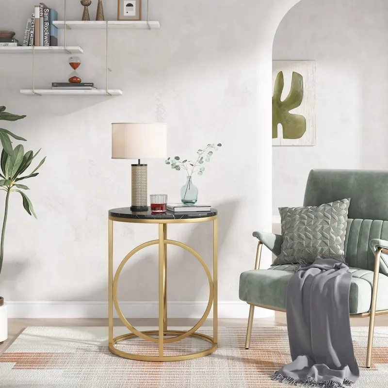 20 in. Marble White Round Wood End Table with Gold O-shaped Base