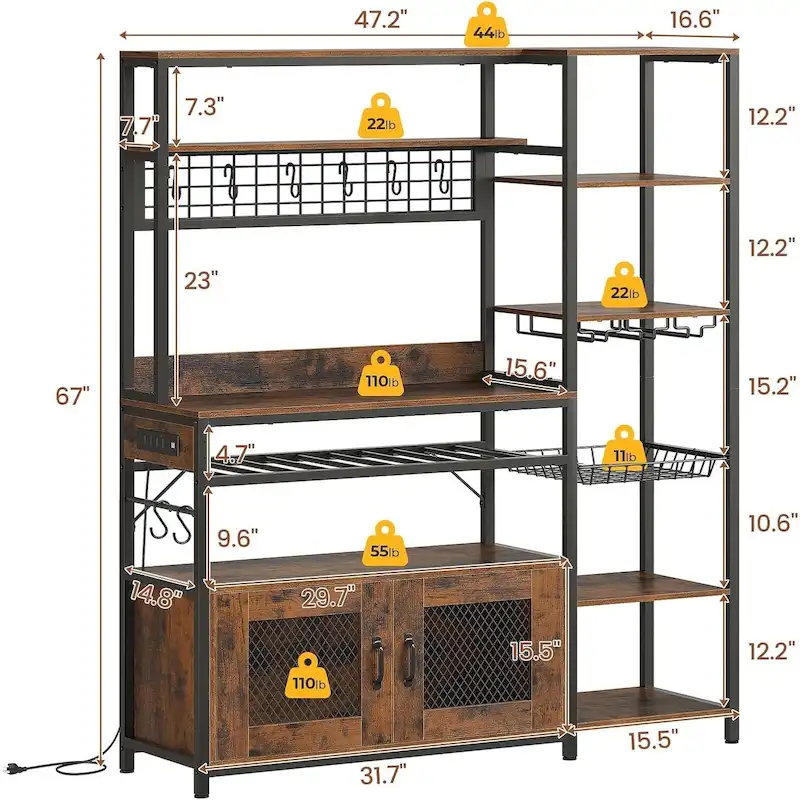 47.2 in Bakers Rack with Power Outlet Coffee Bar with Cabinet