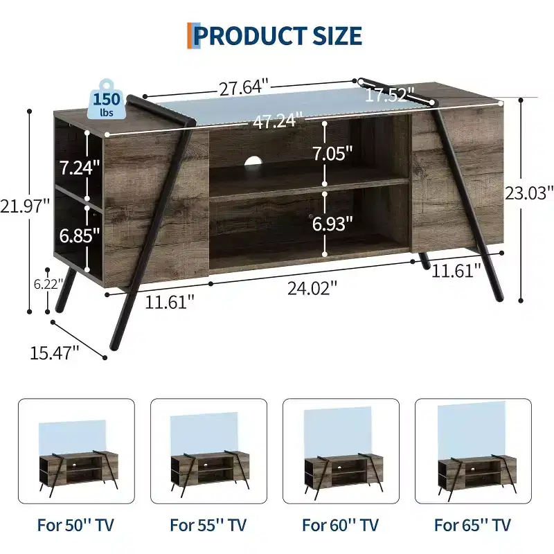 TV Stand for 50 55 Inch TV, Modern Mid Century Entertainment Center with Storage, Adjustable Shelves, U-Shaped Metal Legs
