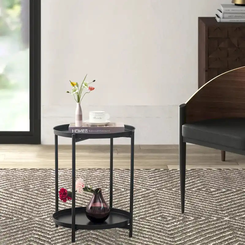 Adeco Side Table 2-Tier Metal Round End Table with Removable Tray - 17.5(D)x 17.5(W)x 20.7(H)