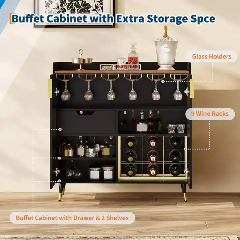 Wine Bar Cabinet, Black/Green, Fluted Door, Single-Person Use, Holds 9 Bottles & 6 Glasses