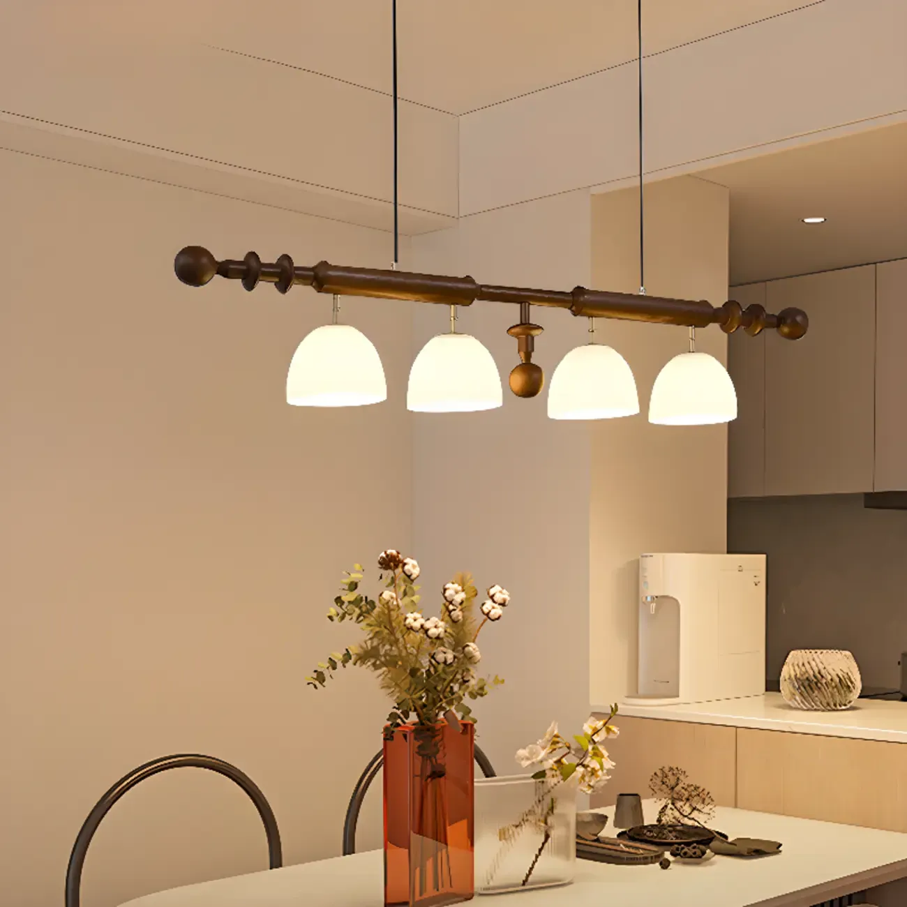 4-Light Island Pendant Light Modern Wood Glass Dome for Kitchen