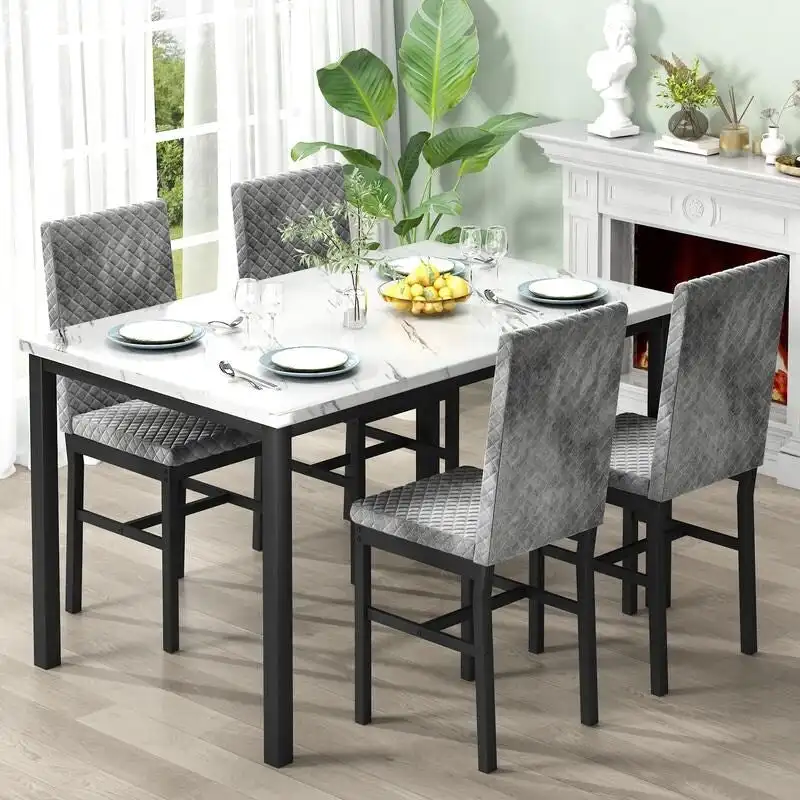Grondin 5-Piece Dining Room Table Set with Faux Marble Table Top and Diamond Stitching Velvet Upholstery Dining Chairs