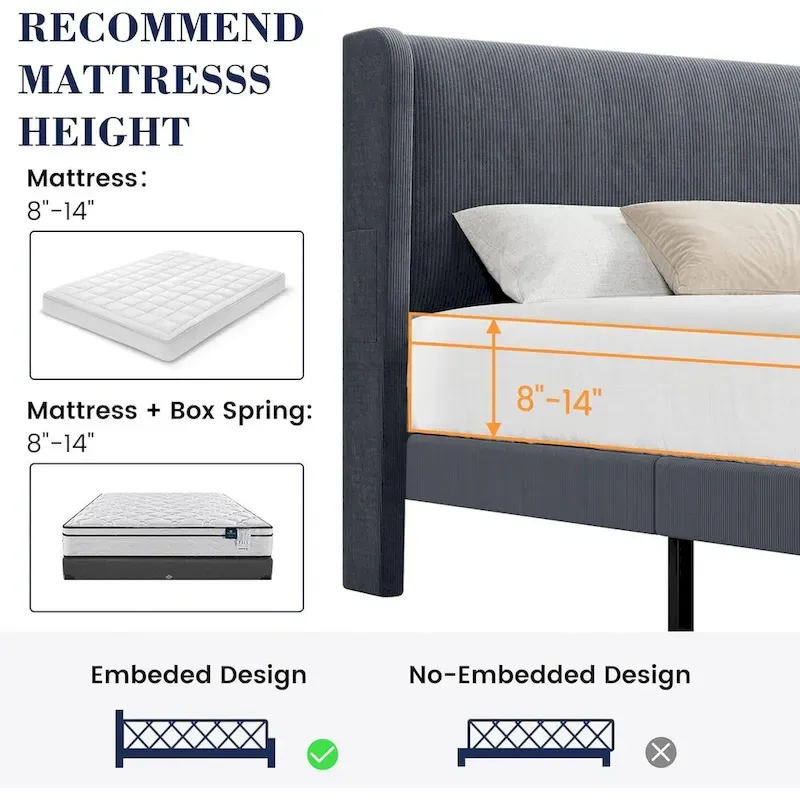 Upholstered Wingback Bed Frame with Velvet Headboard