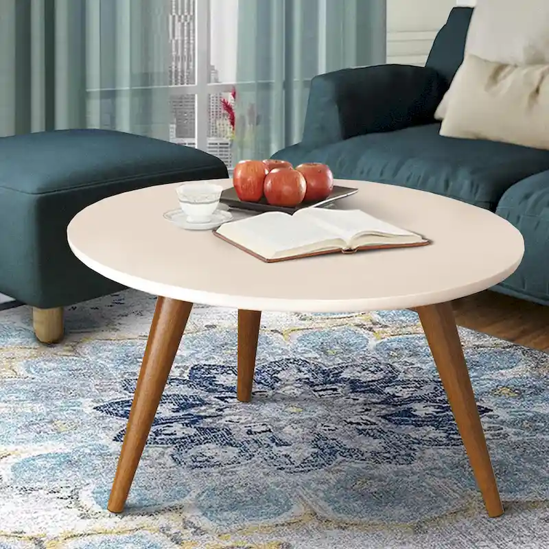 24 Inch Modern Coffee Table, Round Off White MDF Top, Tapered Brown Mango Wood Legs