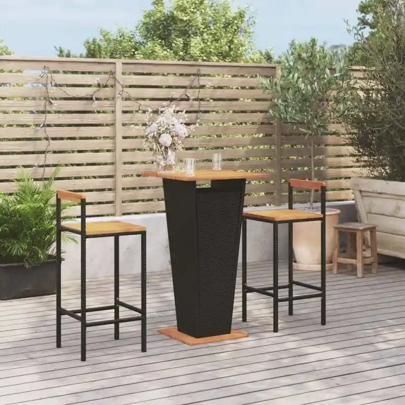 vidaXL 3 Piece Patio Bar Set Black Poly Rattan&Solid Wood Acacia - 15.7 x 17.3 x 39.4