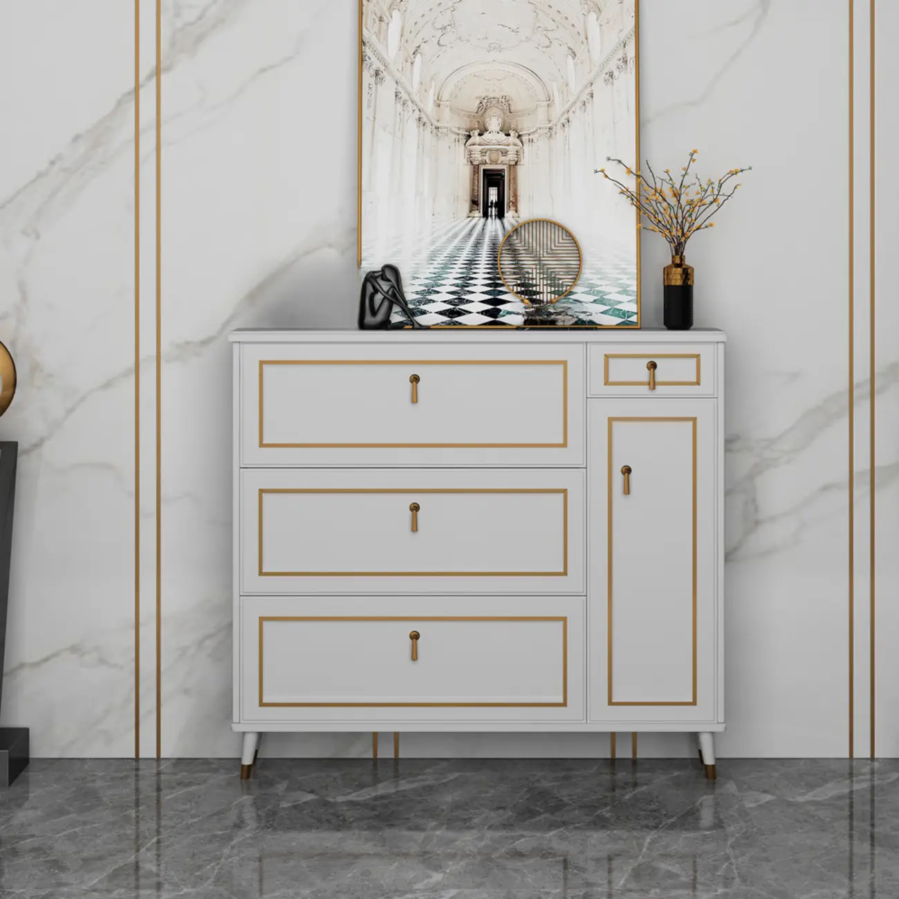 Grey Wooden Drop Front Shoe Cabinet with Adjustable Shelves