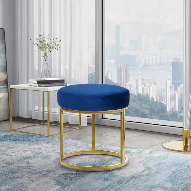 Modern Blue Velvet and Gold Stool Ottoman, Glam Accent Footrest for Living Room