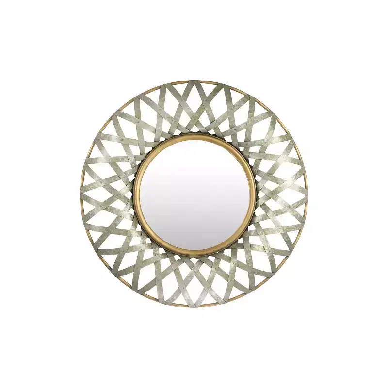 Round Metal Wall Mirror with Gold and Galvanized Finish: Iron Frame, No Assembly, Wall Mount