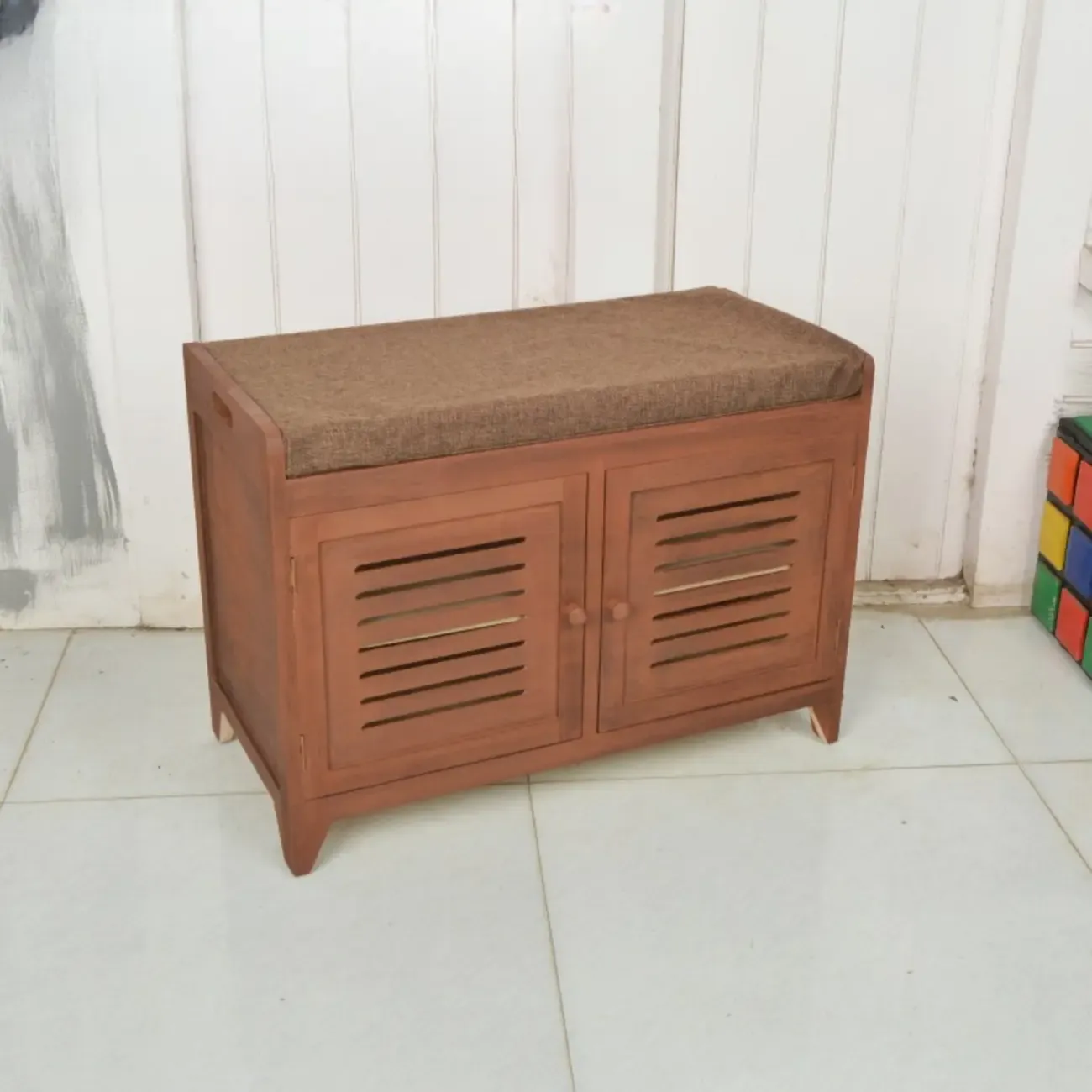Entryway Wooden Cushioned Shoe Bench with Cabinet