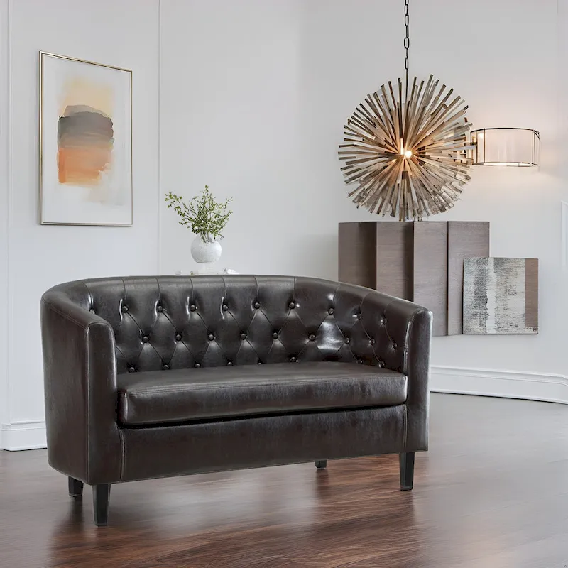 Midcentury Modern Button Tufted Faux Leather Barrel Loveseat - Comfy Tub Loveseat Sofa