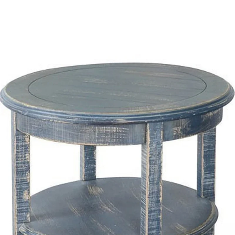 Rena Side End Table with 2 Shelves, 24 Inch Ocean Blue Mahogany Wood