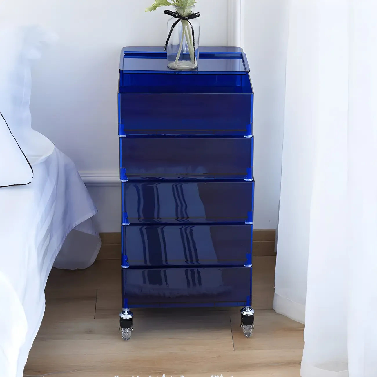 Vibrant Yellow Transparent Nightstand with Drawers and Wheels