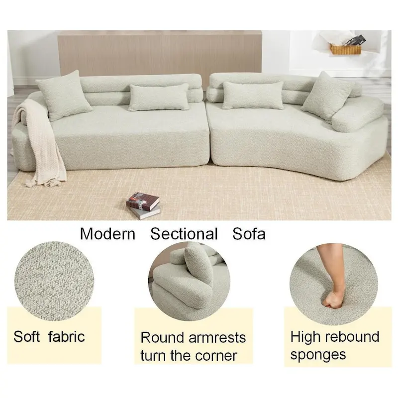 Modern Boucle 4-Seater Upholstered Sectional Sofa with 4 Pillows