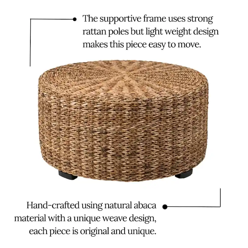 Hand-Woven Natural Abaca Wood Round Coffee Table Ottoman by East at Main
