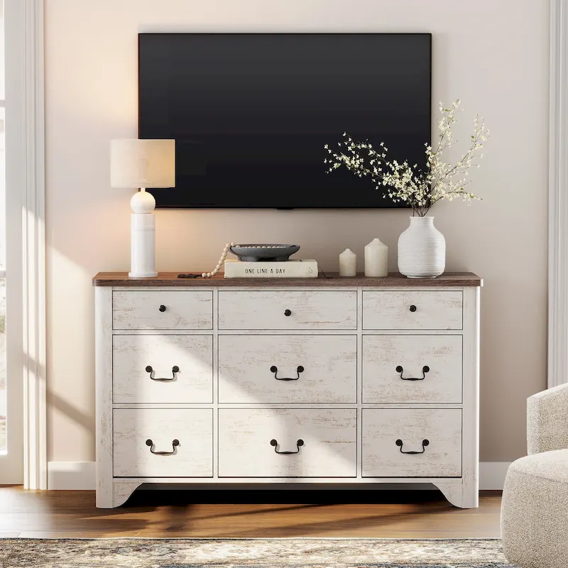 53.5 Wide Farmhouse White Dresser TV Stand with Curved Edge Design and Wide Chests of Drawers