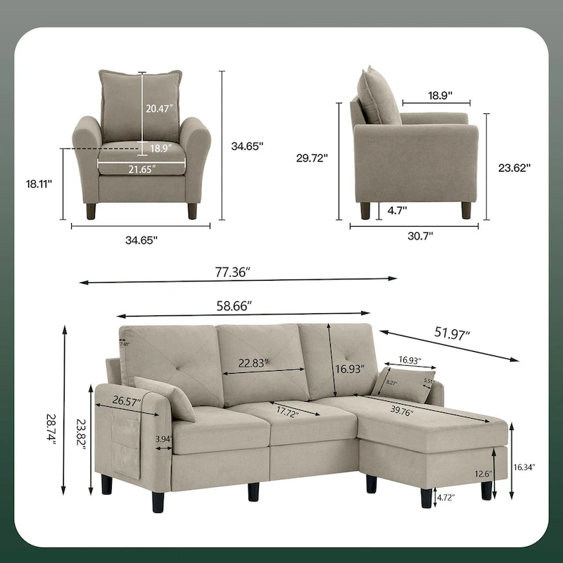 3-Pieces Sectional Sofa Set with Ottoman and Chair