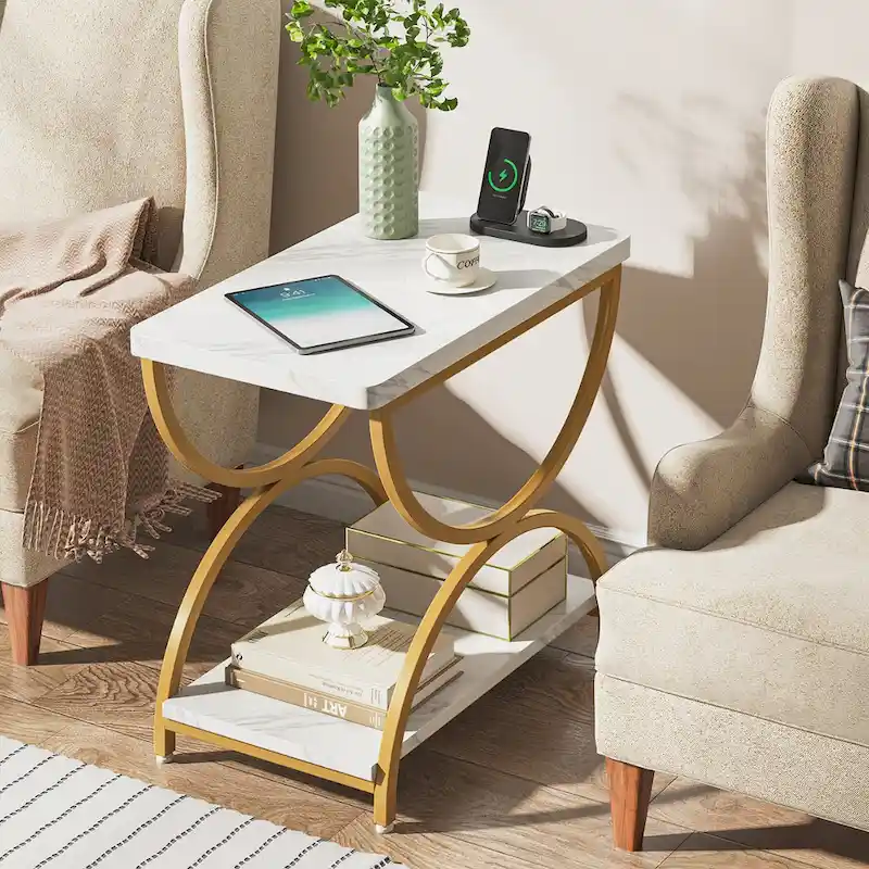 2-Tier Rectangular Wood Metal End Side Chairside Table