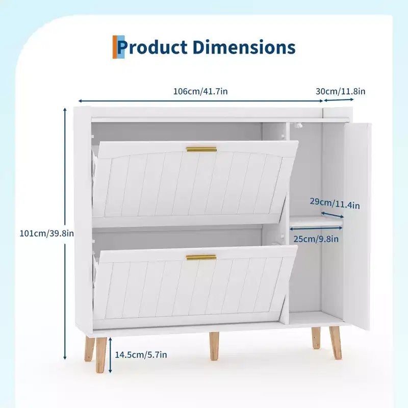 White Wooden Shoe Cabinet with Mirror, 2 Flip Drawers, Holds 20 Pairs