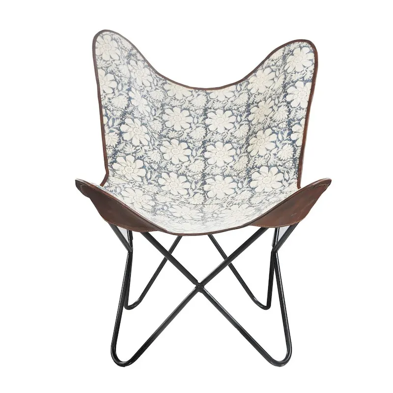 37 Blue and White Floral Faux Leather Sling-Style Butterfly Chair