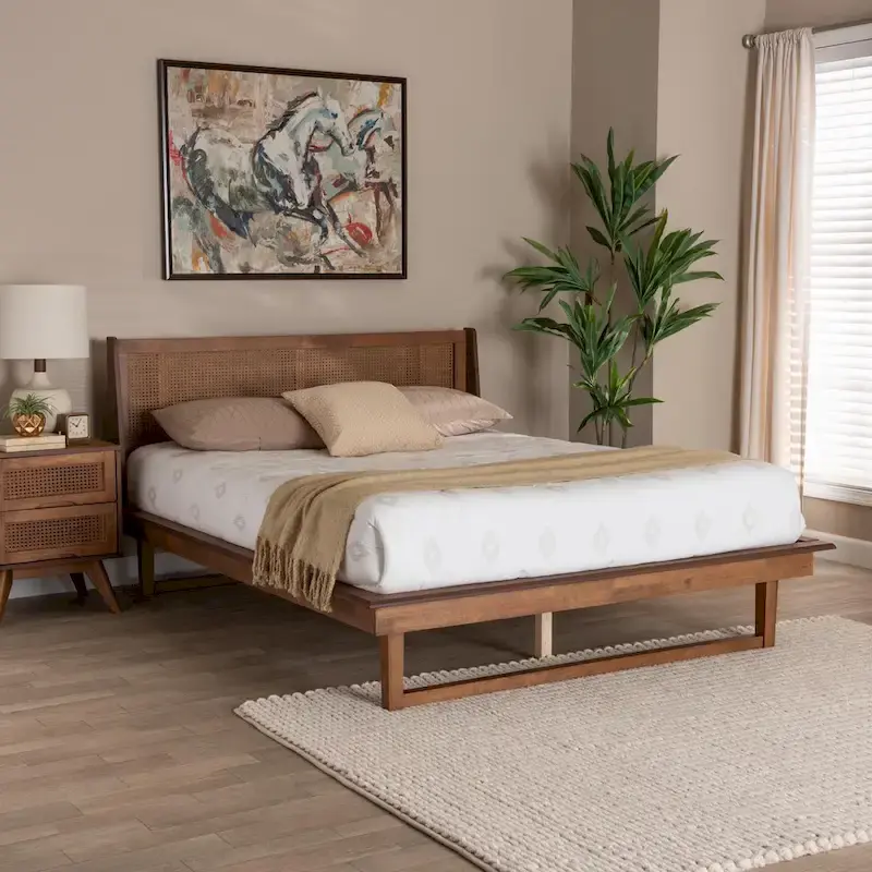 Mid-Century Modern Walnut Brown Finished Wood Platform Bed