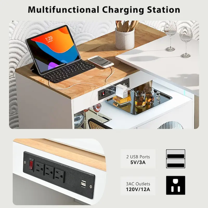 LED Lights Kitchen Island Cart With Extended Table and Power Outlets