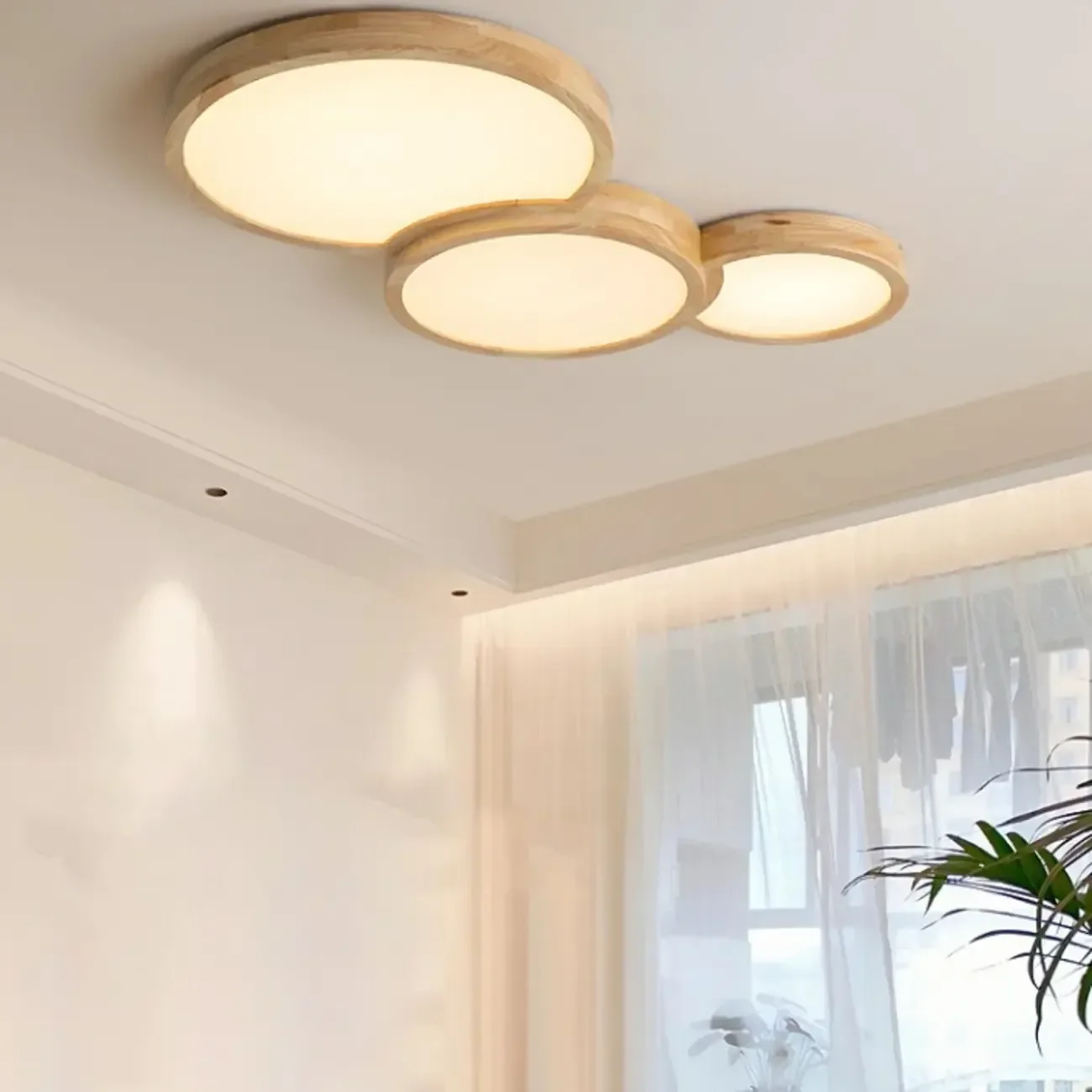 Natural Geometric Wood Dimmable Flush Mount LED Ceiling Light