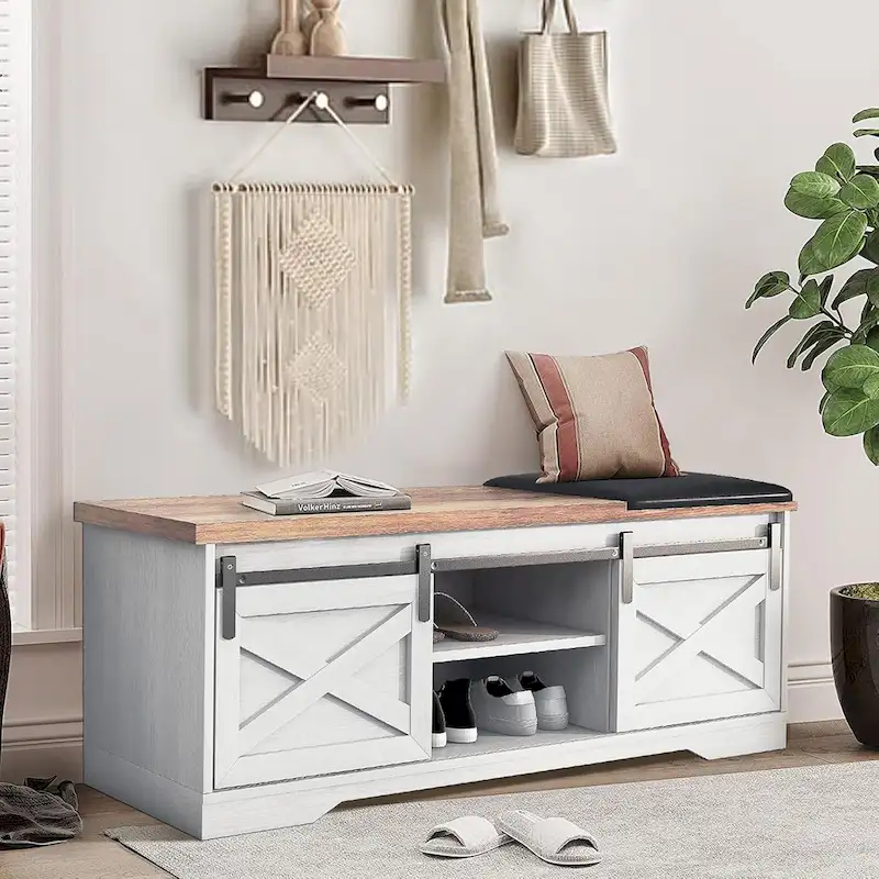 47 inch Shoes Bench with Sliding Barn Door Storage Cabinet and Adjustable Shelves - 47.24Lx15.35Dx18.7H