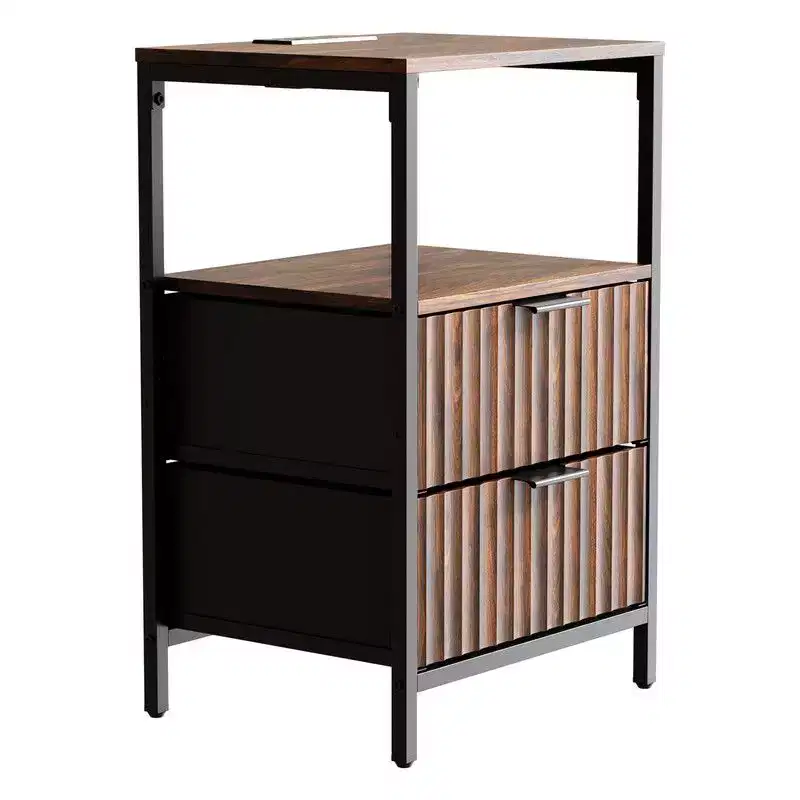 Karl Home 15 Inches Wide Nightstand - 2 Drawers, 1 Shelf, US Power Outlet - set of 2