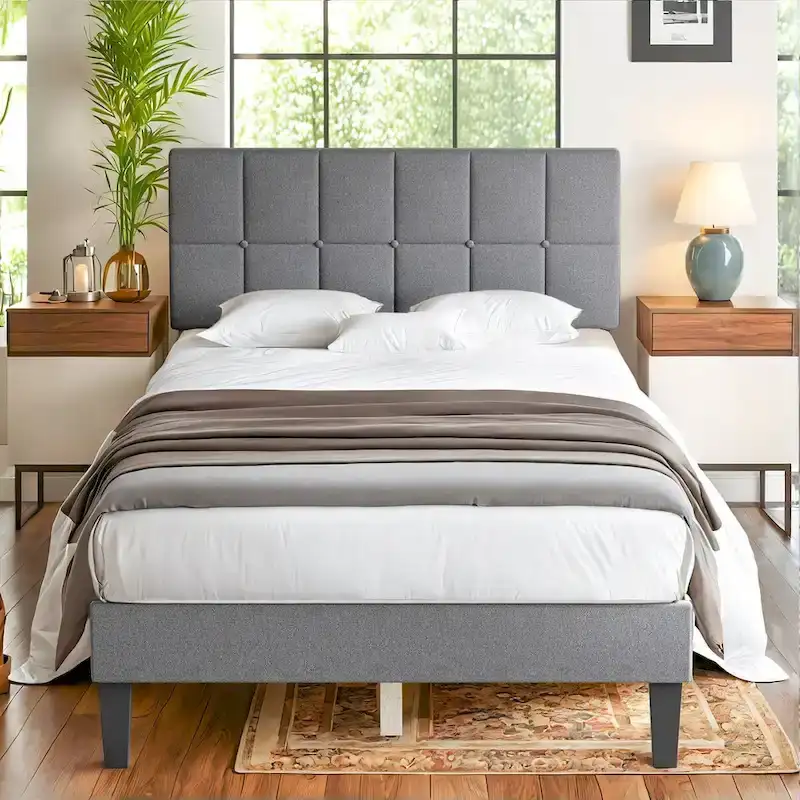 Linen Upholstered Platform Bed Wood Bed Frame with Headboard, No Box Spring Needed, Noise Free, T/F/Q Size
