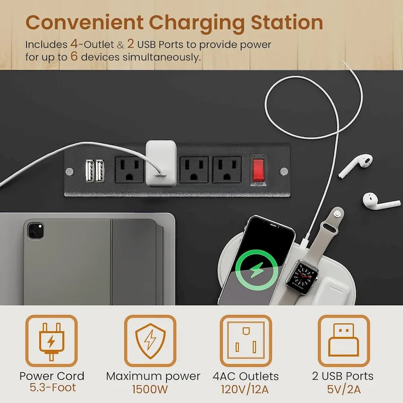 LED Computer Desk With Lock Drawers Keyboard Tray Power Outlet