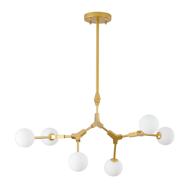 6 Light Gold Iron Pendant Lighting With White Glass Shade