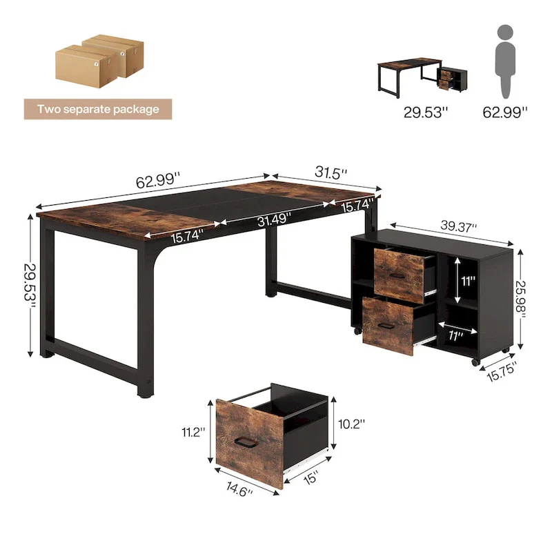 63  L-Shaped Executive Desk with 40  File Drawer Cabinet
