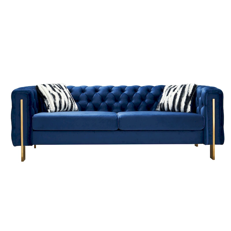 84.25 Velvet 3-Seater Sofa with Button Tufting, Gold Metal Legs, Pocket Spring And Foam Cushioning, 700 lb Capacity