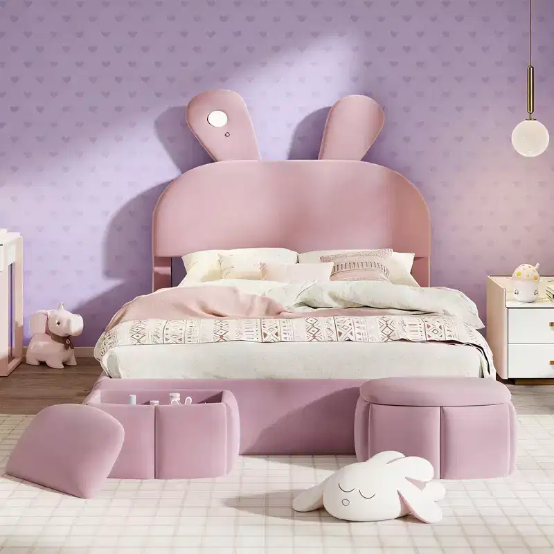 Pink Velvet Rabbit Ear Kids' Platform Bed - Full, Single