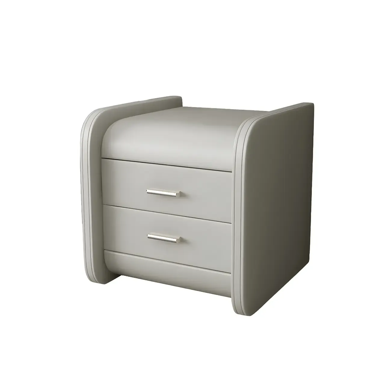 Modern Round Edge Nightstand with 2 Drawers in Beige Leather