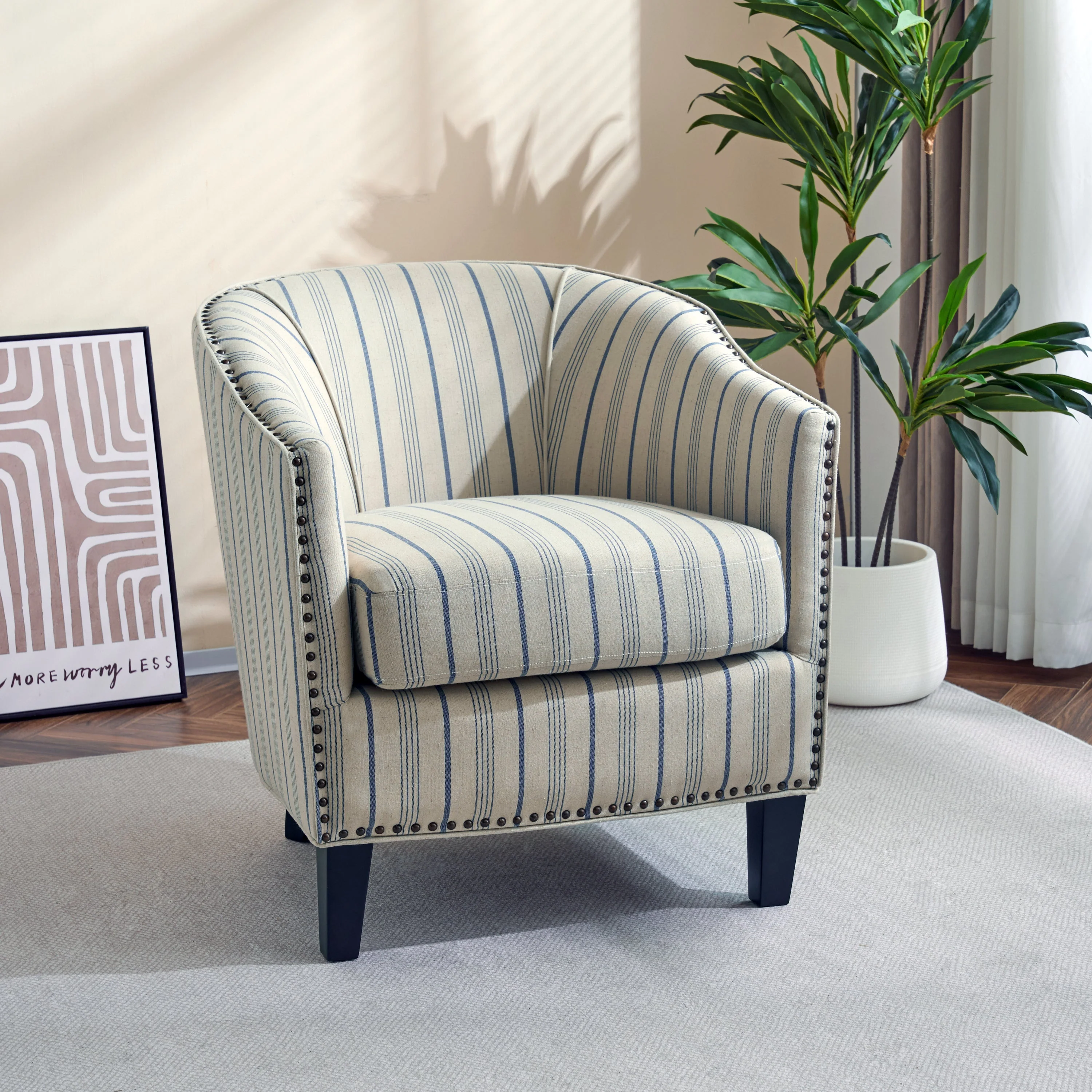 Striped Club Chair with Brass Stud Accents & Birch Wood Legs ¨C Transitional Elegance