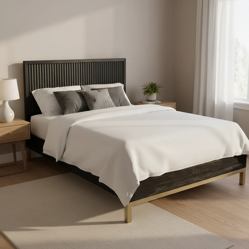 Large Platform Bed With Molded Ribbed Headboard — Black